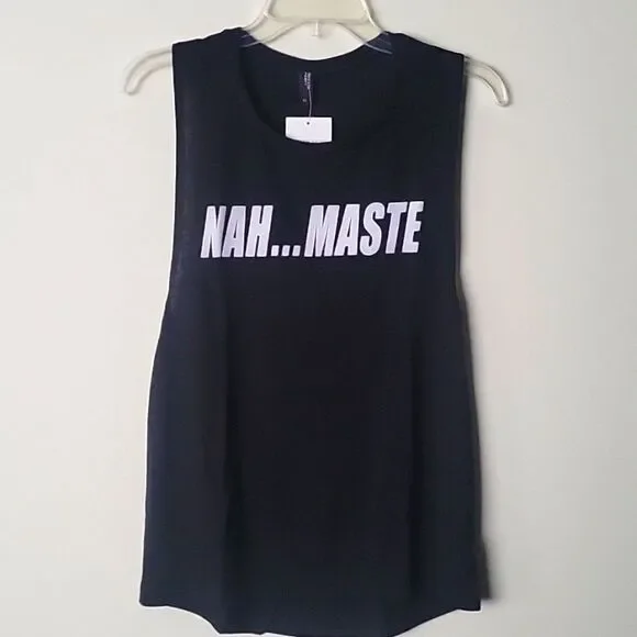 NWT Private S Party Graphic Yoga Nah Maste Namaste Muscle Long Tank Funny Black - Picture 3 of 7
